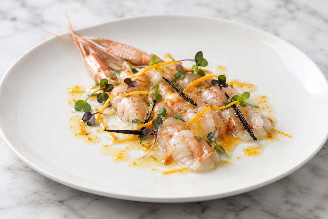 Cruditè di Scampi con Citronette all'Arancia e Vaniglia