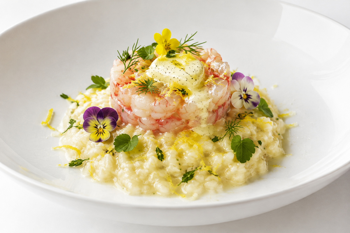 Risotto al Limone, Burro alla Vaniglia e Crudo di Scampi