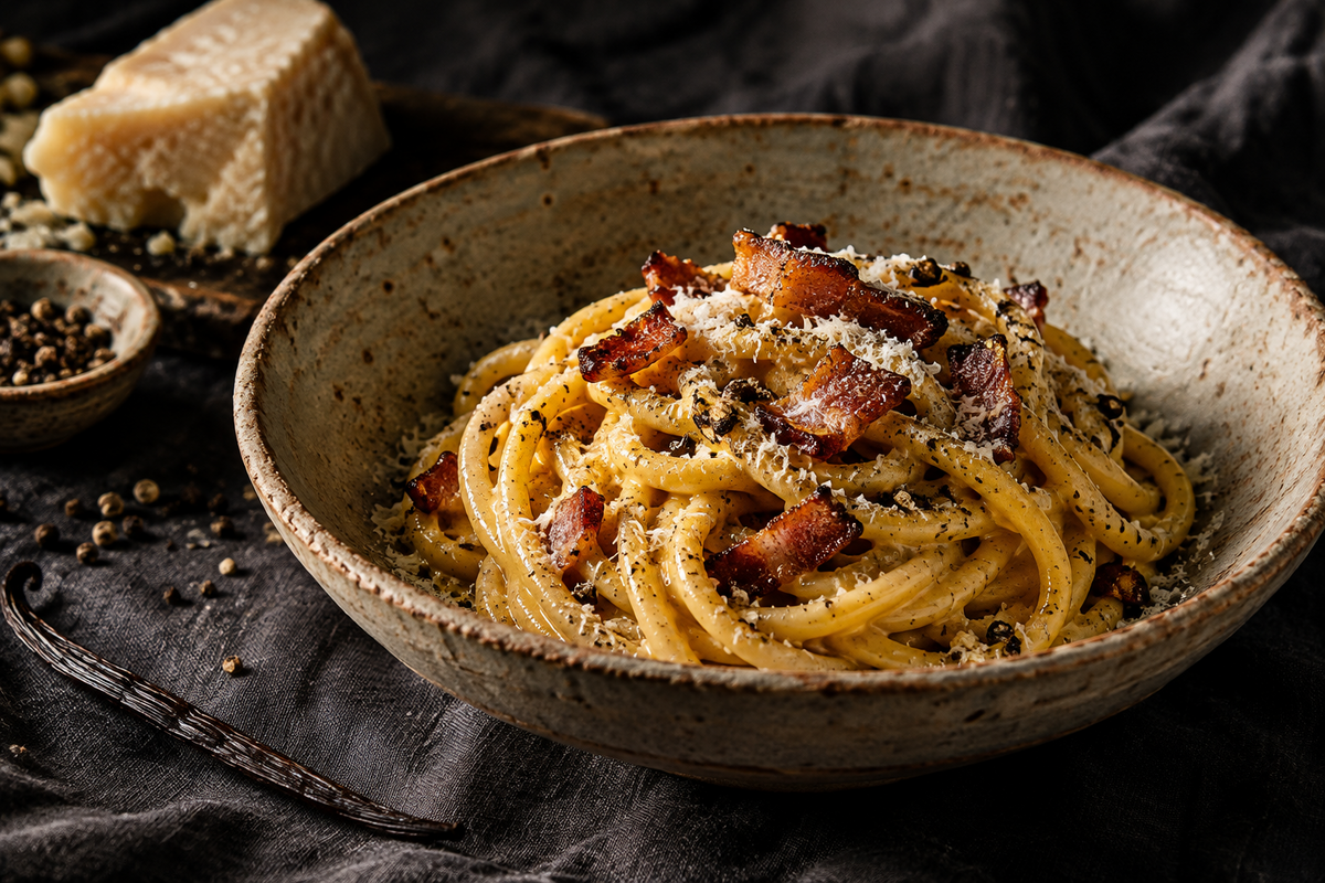 Spaghettoni alla Carbonara Rivisitata con Pepe Selvatico e Vaniglia