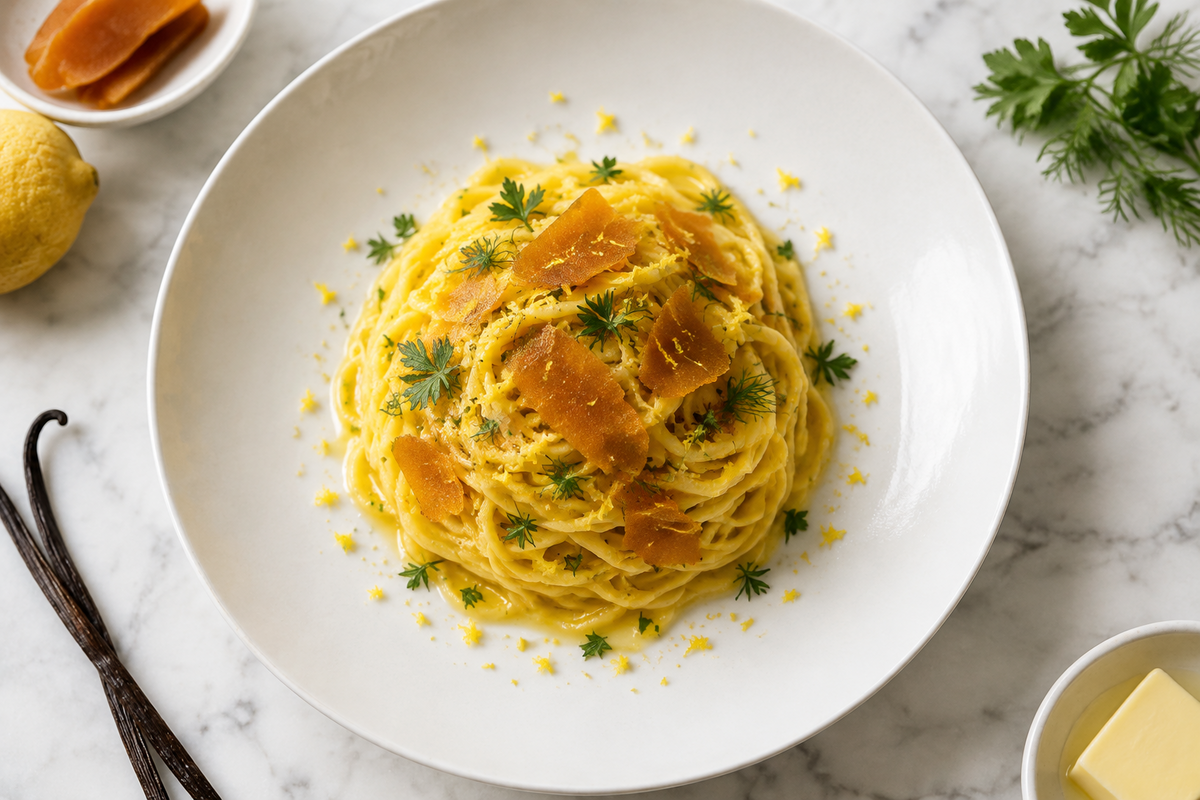 Tagliolini all'Uovo con Burro di Normandia, Vaniglia e Bottarga di Muggine